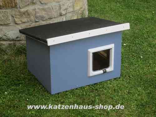 Katzenhaus "Flachdach", Farbe taubenblau